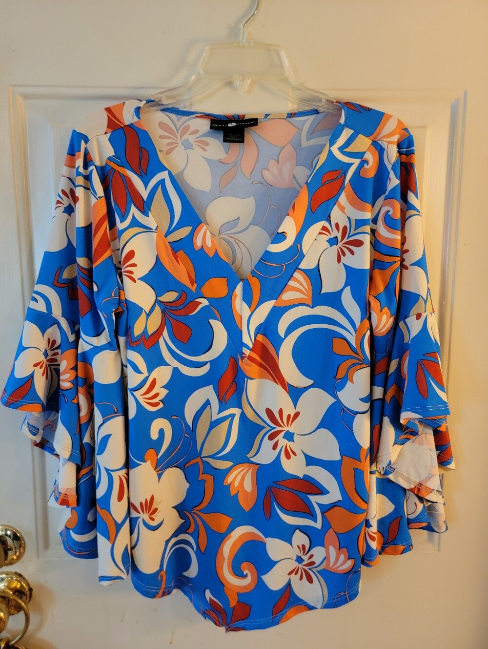 Ashley Stewart Bright Blue Floral V-Neck Ruffled Sleeve Blouse